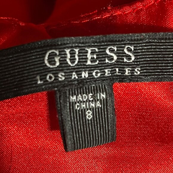 GUESS Cherry Red Ruched, Sweetheart Neck, Satin Bodycon Mini Dress Size 8 - Picture 8 of 8